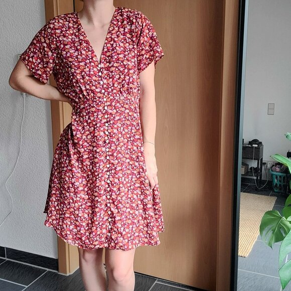 Madewell V-Neck Spring Prairie Orange-Red Ditsy Floral Button Front Mini Dress 2 - Picture 4 of 14